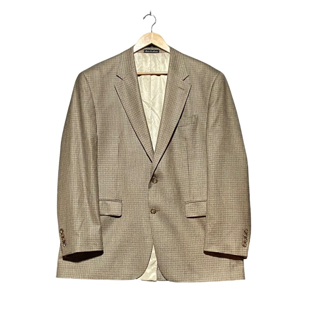 Lauren Ralph Lauren Silk Wool Glen Plaid Blazer Tan Blue 44R Sport Coat Mexico